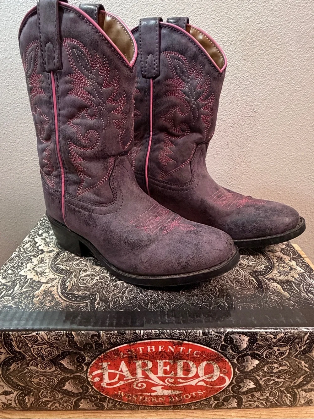 Laredo kids Purple Suede Lace-Up Western Boots with Pink Trim